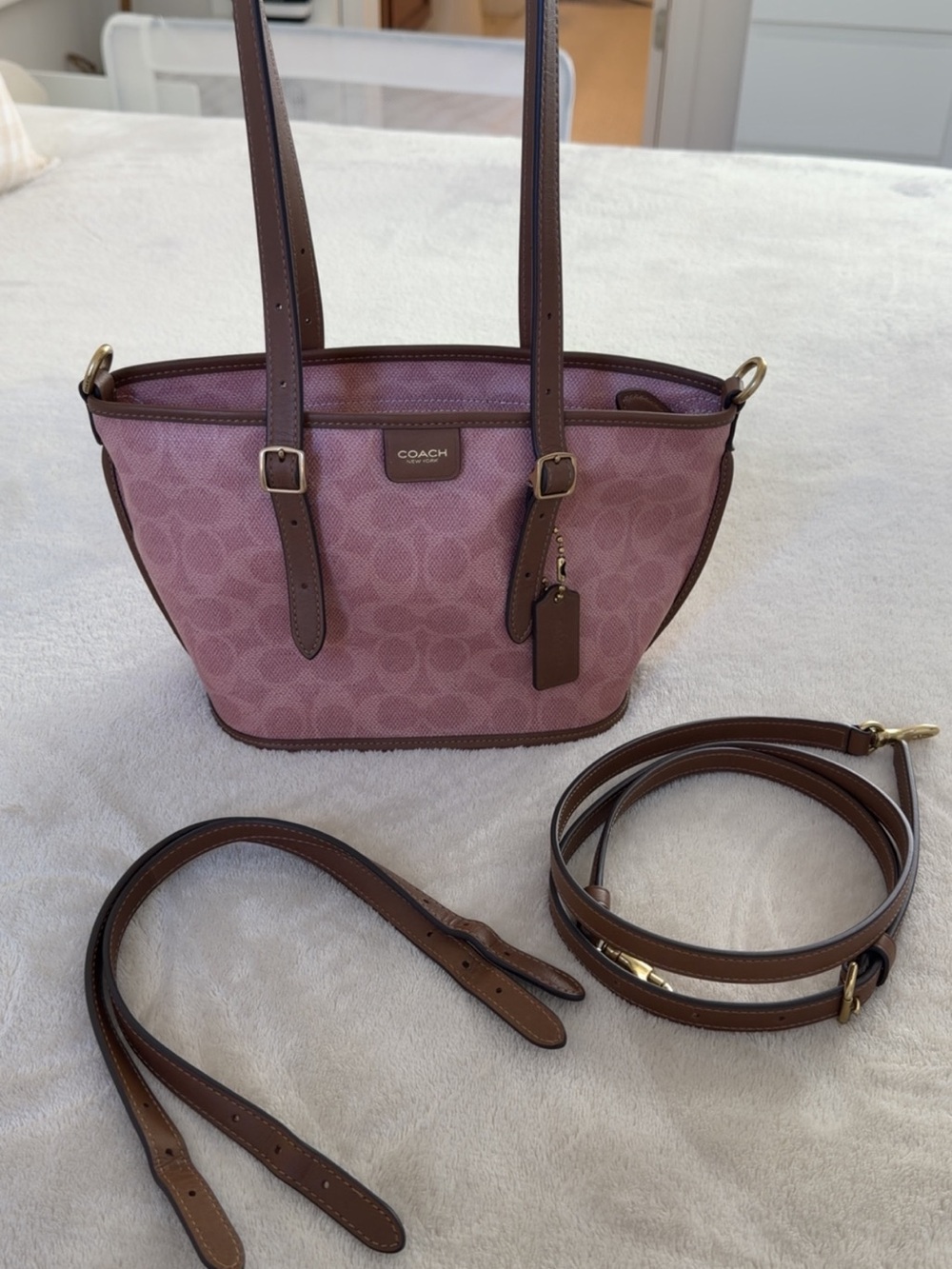 Coach Taxi Tote 21 Pink Signature Canvas Tote with Brown Leather Trim